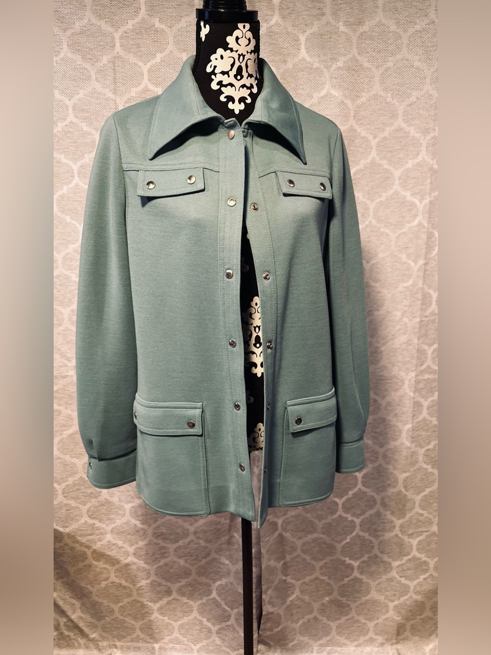 Butte Knit 1970s VTG Green Leisure shirt jacket Dagger Collar Sz S